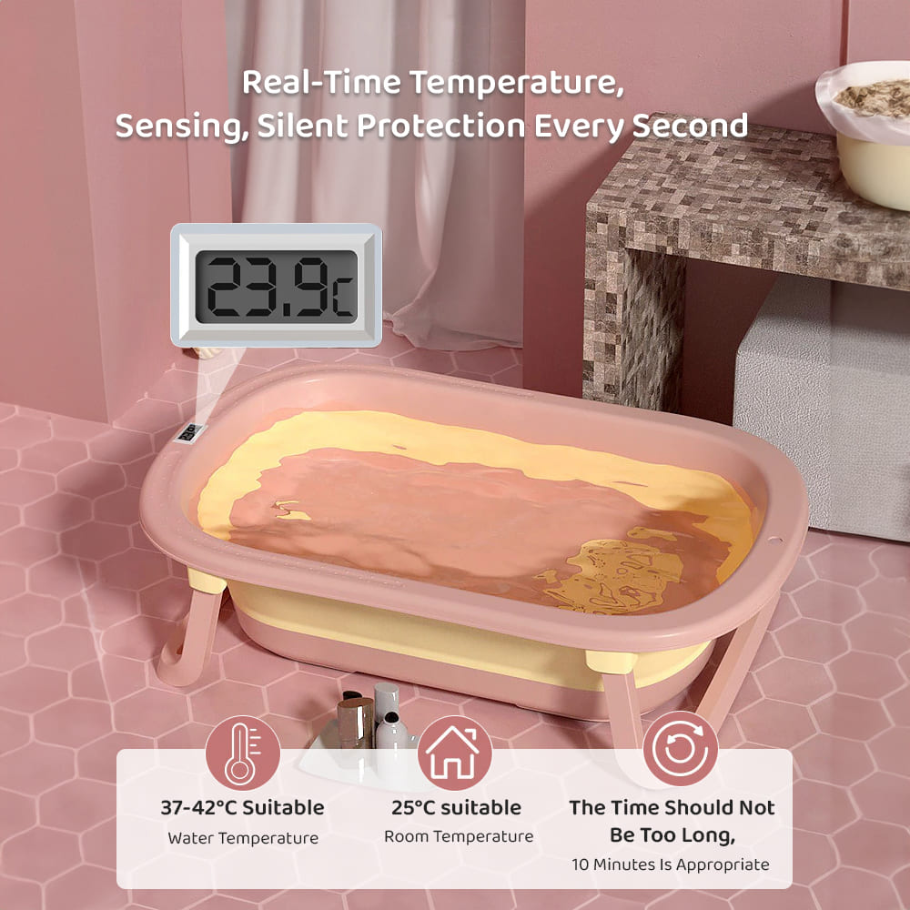 SIBT Anti-Slip Foldable Collapsible Baby Bathtub With Temperature Meter and Cushion Newborn pink