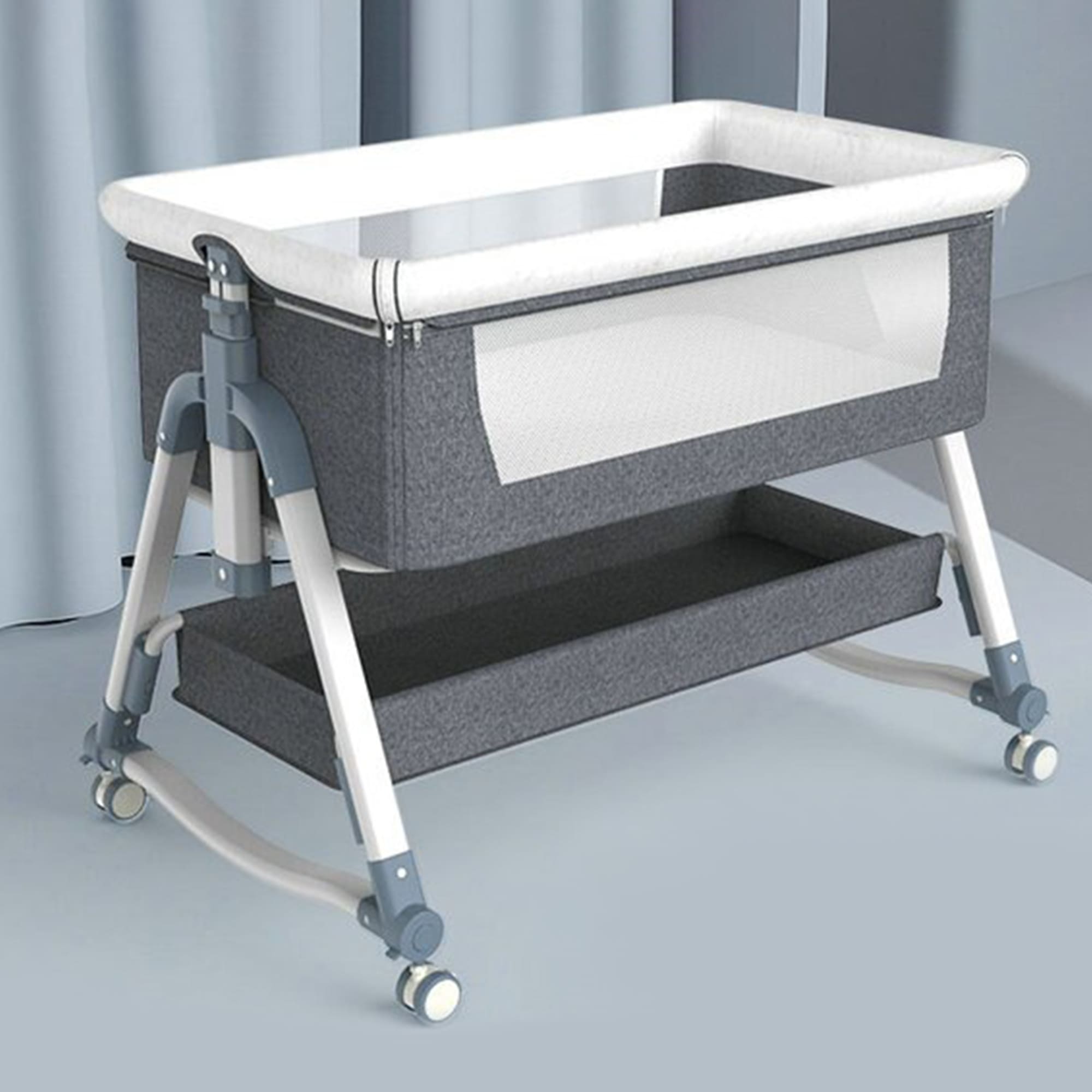 StarAndDaisy Pluto Luxury Baby Crib with Height Adjustment and Next to bed Setup - With Soft Foam Mattress ,Storage basket Mosquito Net and Carry Bag (Grey)