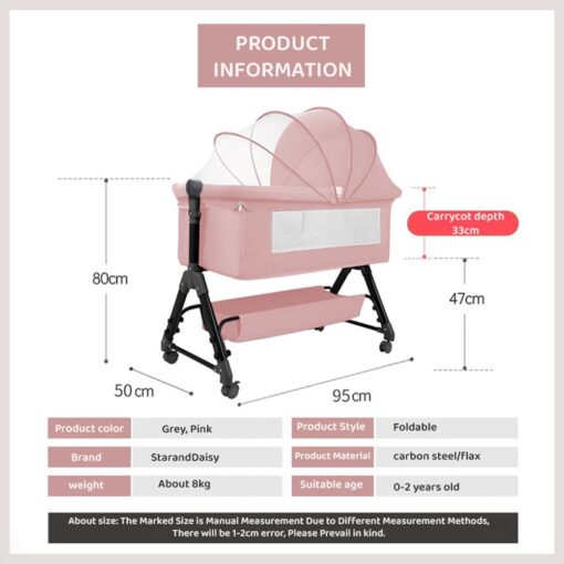 StarAndDaisy 3 in 1 Baby Crib Cradle for baby/infants with Height Adjustments Breathable Net, Adjustable Portable Crib for Infant/Baby with Detachable Mosquito net, Storage Basket, - (Basic) Pink