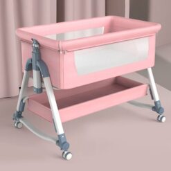 StarAndDaisy Pluto Luxury Baby Crib with Height Adjustment and Next to bed Setup - With Soft Foam Mattress ,Storage basket Mosquito Net and Carry Bag (Pink)