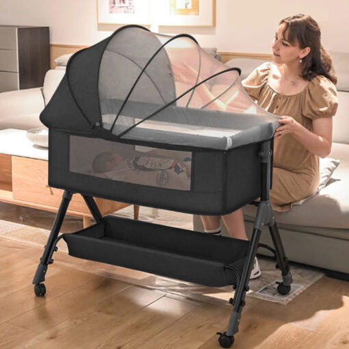 StarAndDaisy 3 in 1 Baby Cradle for Baby with Detachable Nursing Tray and Side Bumper Protection, Mattress and Mosquito Net - Black