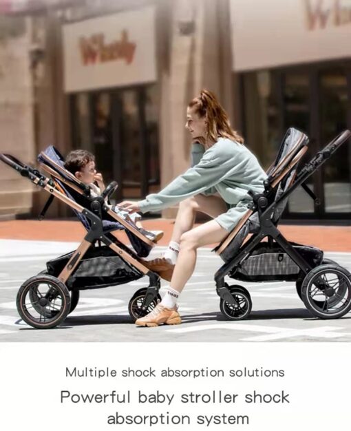 Large Storage Basket Parent and Child Tray Suspension Wheels Baby Stroller Black Multi-Position Reclining Seat Foldable Infant Pushchair with 5-Point Safety Harness 