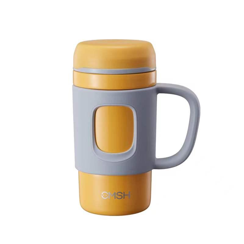 Starface Insulated Coffee Travel Mug with Lid, Double Wall Stainless Steel Thermal Mug for Cold & Hot Drinks, Stainless Steel Reusable, cup holder, tea strainer. Leak proof (OMSH | Yellow & Grey)