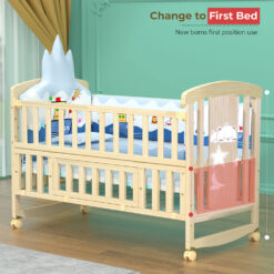 Pinewood Multifunctional Baby Bed Crib Rocking Cot- with Mosquito Net and Adjustable Stand