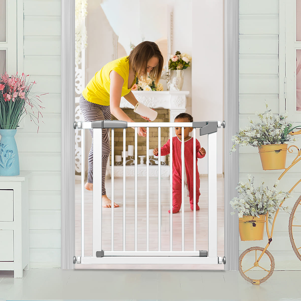 StarAndDaisy Metal Doorways Baby Gate With Door Walk Through Easy Step No Need Tools No Drilling 83 by 90 cm White