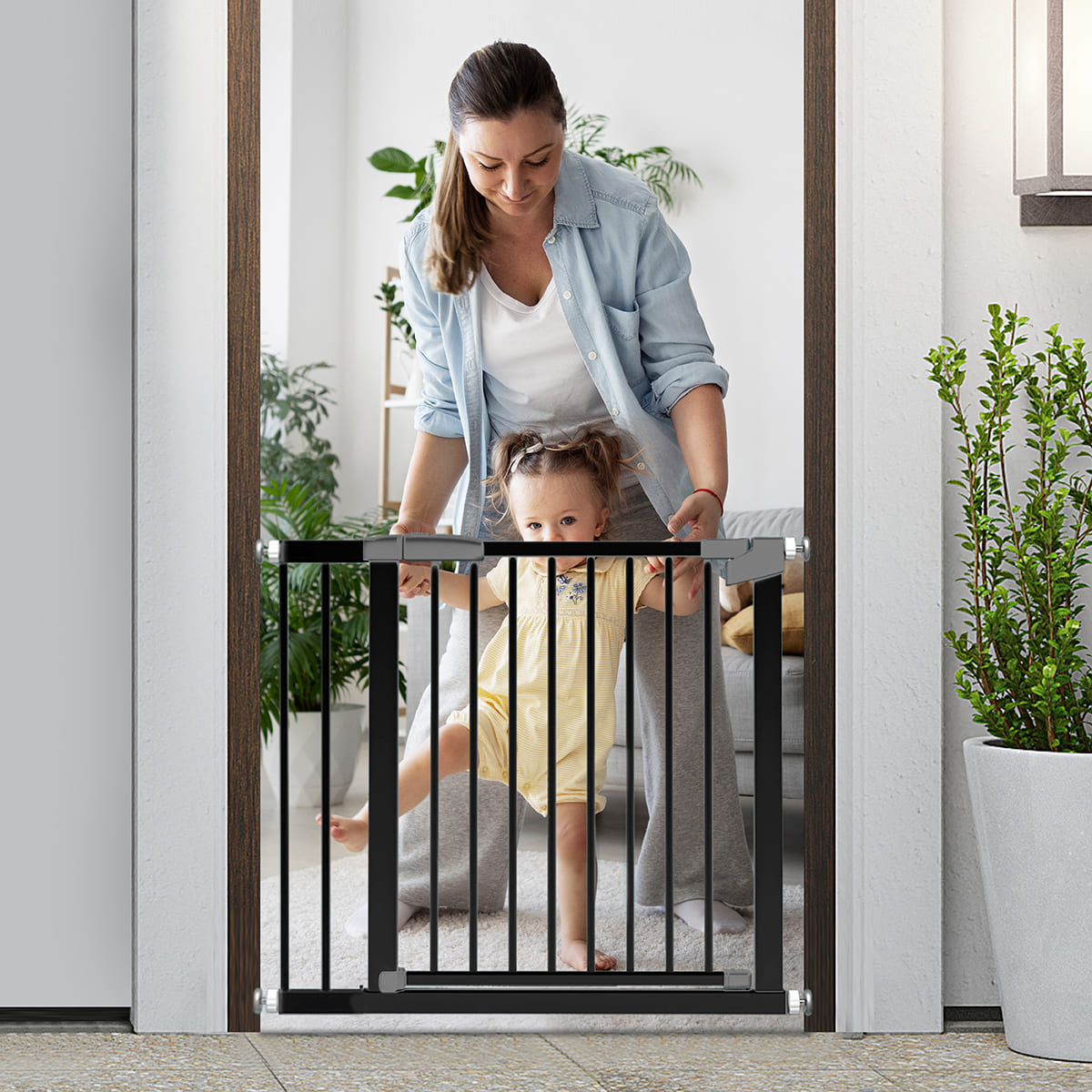 StarAndDaisy Metal Baby Gate - Doorways Baby Gate With Door Walk Through Easy Step No Need Tools No Drilling 83 by 97cm Black