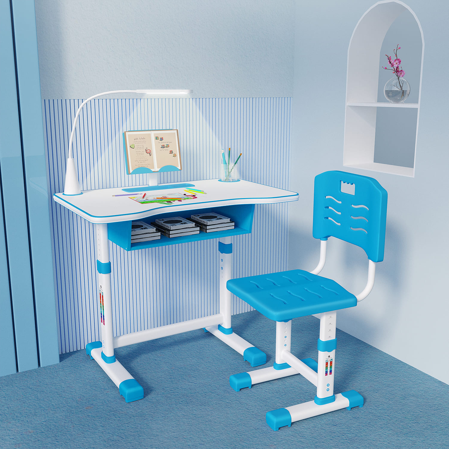 A80 Adjustable Height, Multi-Functional Kids Study Table with Book Holder, Drawer, Extra Large tiltable Desktop with an Option of LED Light (Blue)