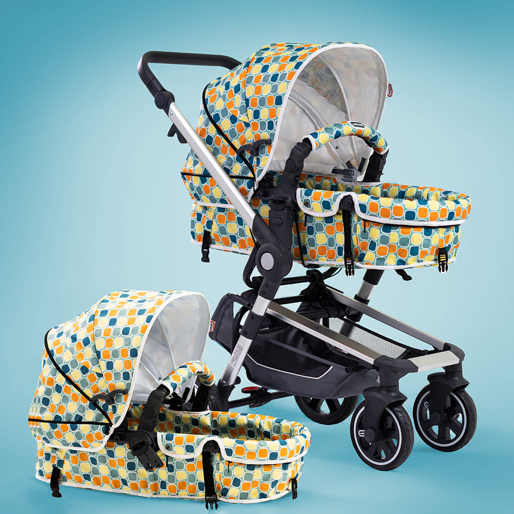 Baby Pram Stroller with Extra Large Bassinet - Reversible Bassinet with Adjustable Backrest, Footrest & Canopy, 5-Point Safety Belt - International Series - (Multicolor | LT602)