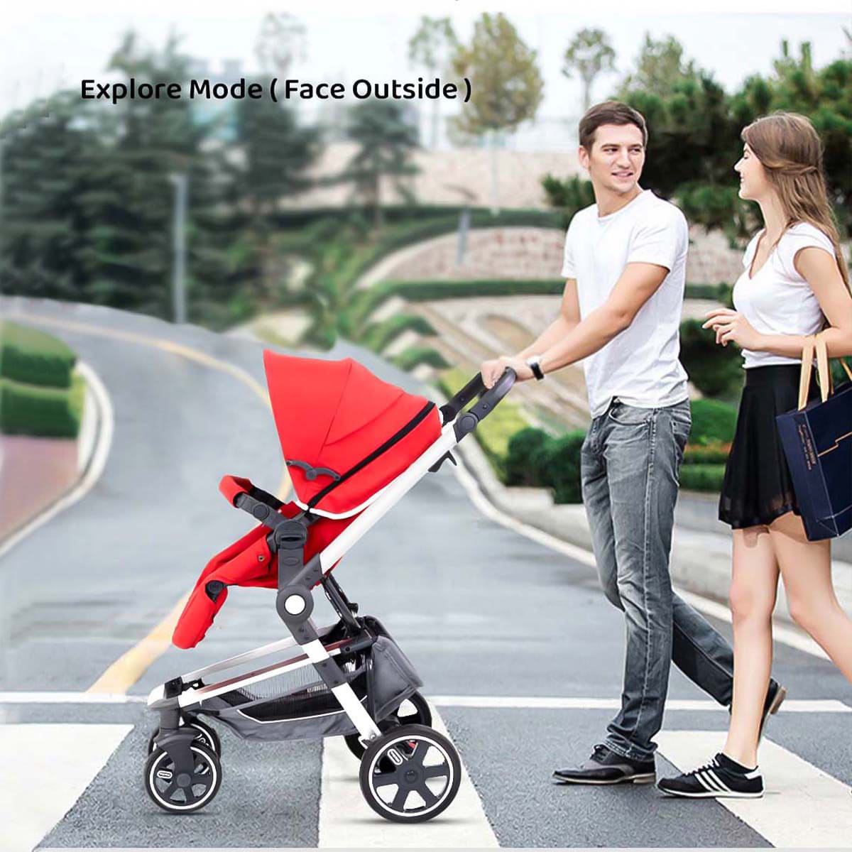 A joyful baby stroller with a comfortable seat and colorful accessories.