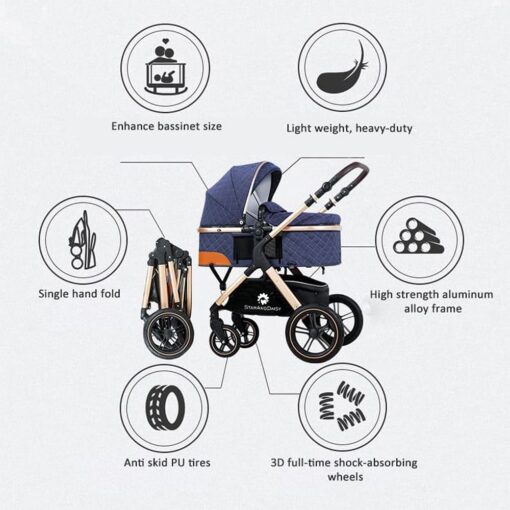 Adorable baby stroller with a comfortable seat and canopy.