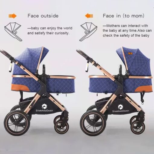 A cute baby pram with a soft blue fabric canopy and sturdy wheels.