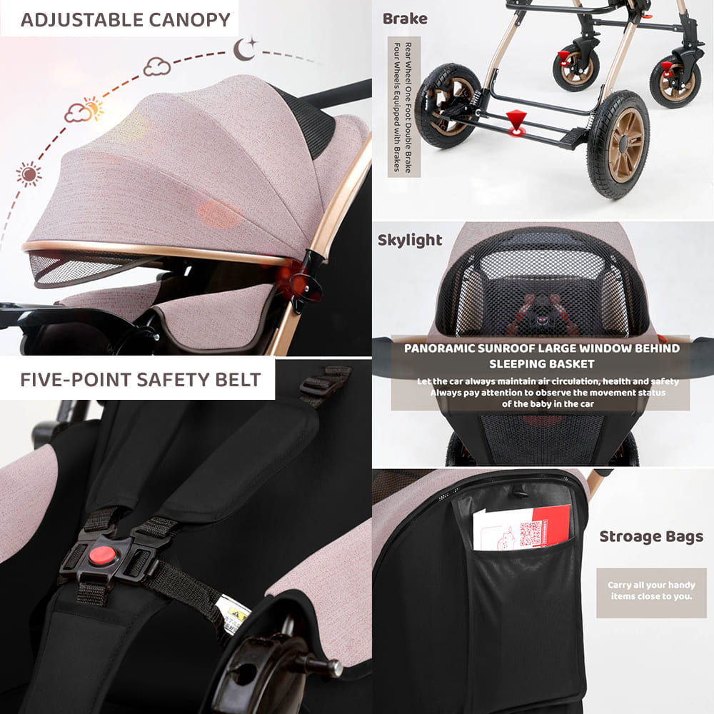 Baby Stroller Pram with Large Rubber Wheels and Large Bassinet