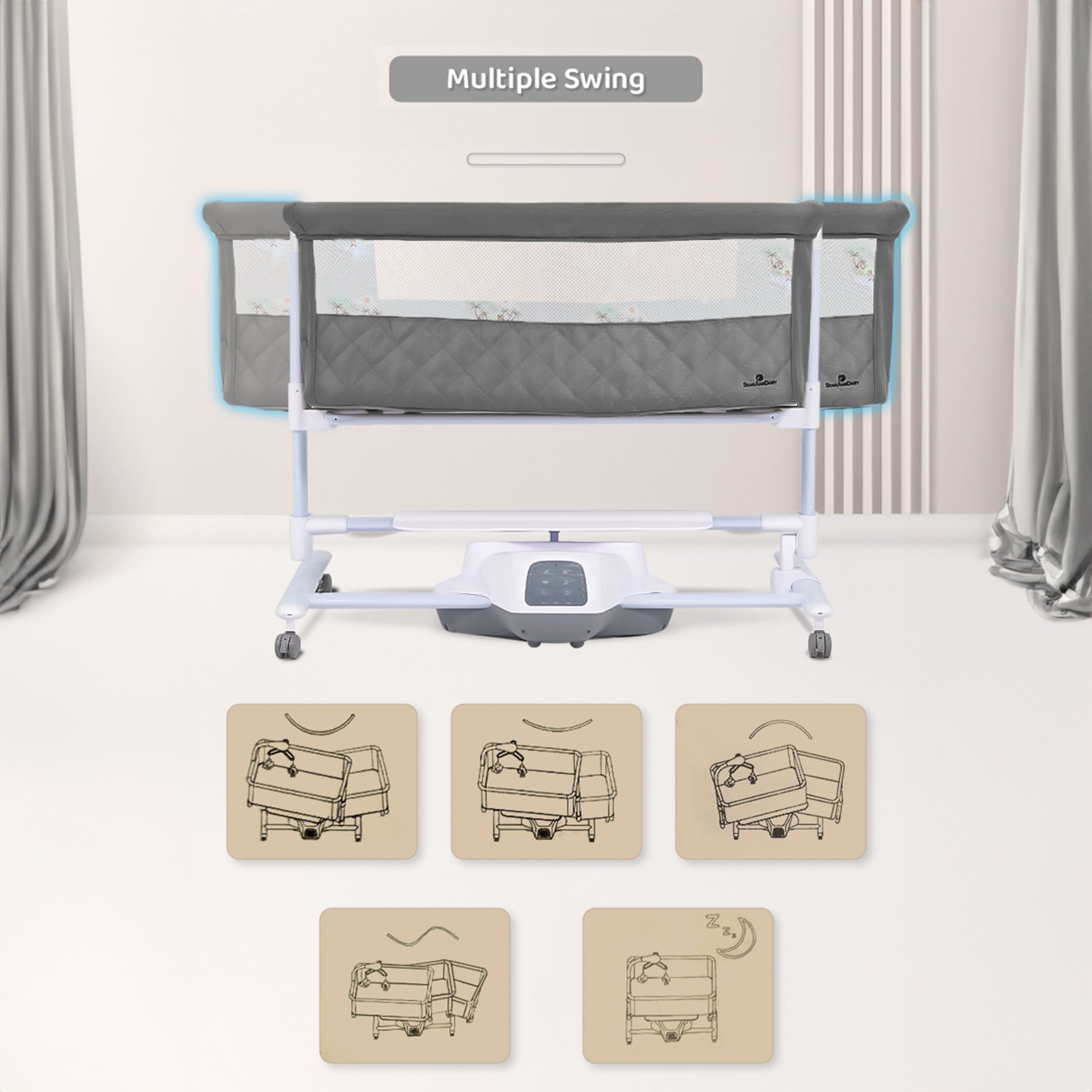 Automatic Rocking Baby Cradle with Wheels Seat Lock Mosquito Net Height Adjustment Bluetooth Music and Electric Toys-grey