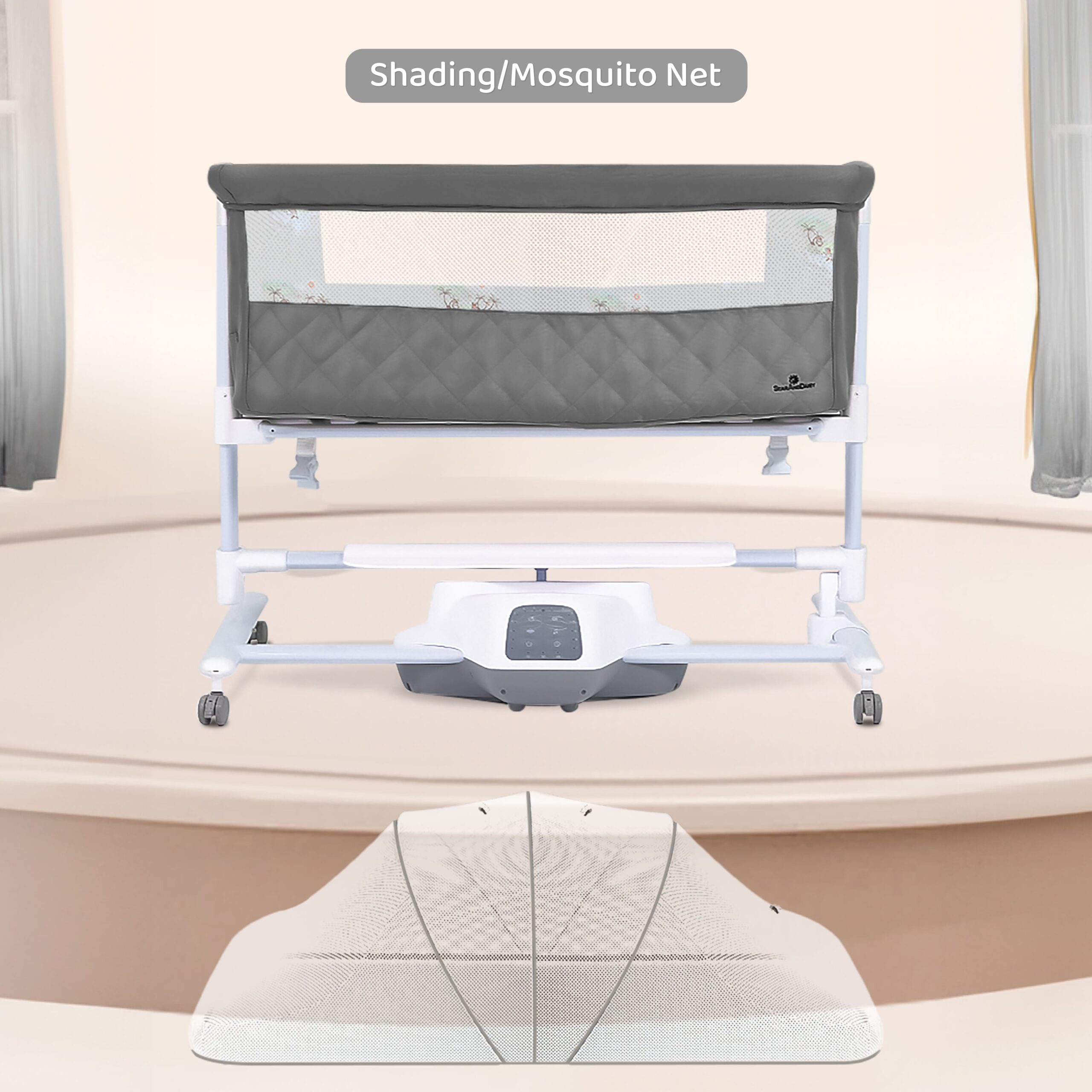 Automatic Rocking Baby Cradle with Wheels Seat Lock Mosquito Net Height Adjustment Bluetooth Music and Electric Toys-grey