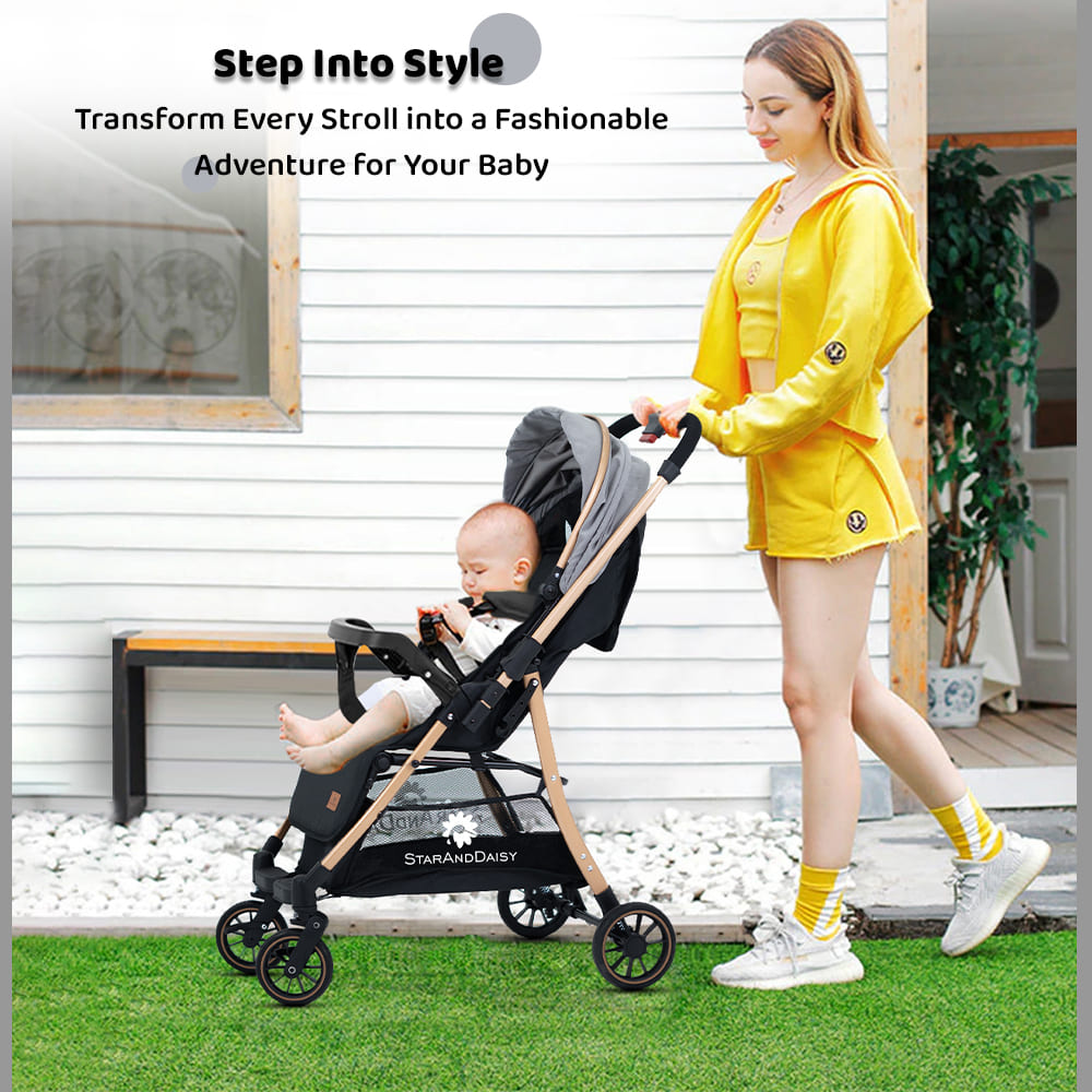 StarAndDaisy Travel Elite Lightweight and Compact Baby Stroller Pram for  Travel with Reversible Handle, Adjustable Backrest & Canopy and 5-Point