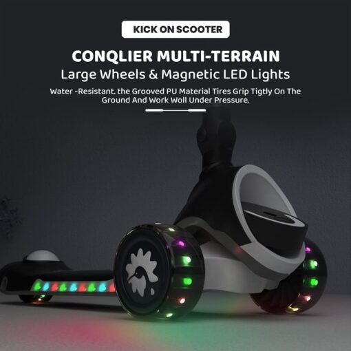 StarAndDaisy Kick On Toddler Scooter for Kids Ages 3-12 Years Old Boy Girl with 3 Wheel LED Lights, Extra-Wide Childrens Foldable Kick Scooter Kids Ages 3-10 with 4 Adjustable Height and Lean-to-Steer (Black)