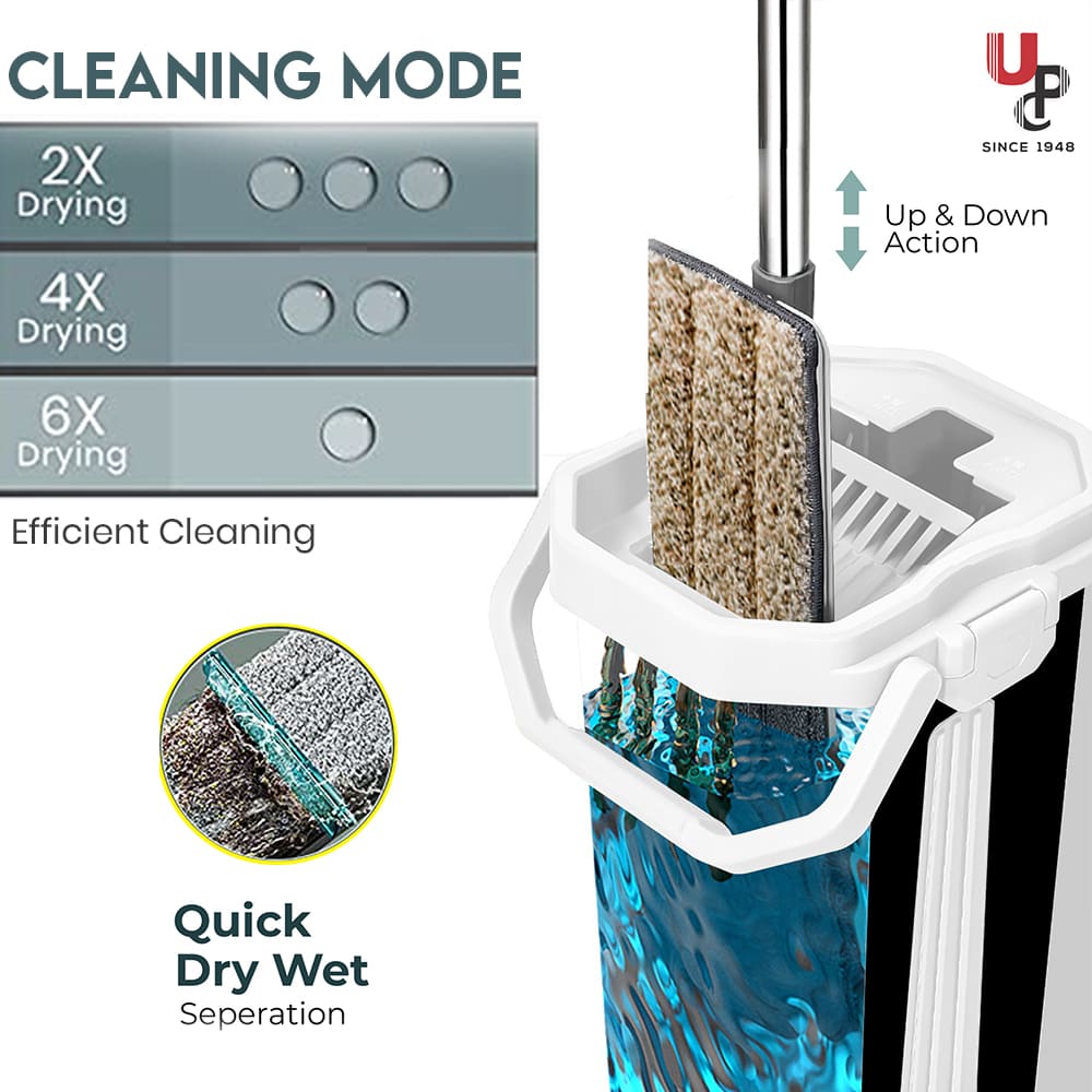 Hands-Free Squeeze Microfiber Flat Spin Mop System 360 Flexible Head with Super-Absorbent Microfiber Pads Extended Stainless Steel Handle -Black White
