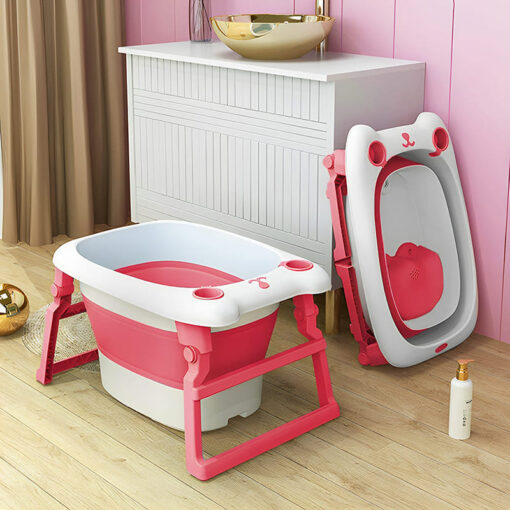 Collapsible Bath Tub For Newborn - Baby Vertical Bath Tub with Stool, Newborn Comfort to Toddler Fun (Pink) - StarAndDaisy