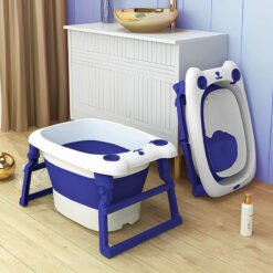 Collapsible Bath Tub For Newborn - Baby Vertical Bath Tub with Stool, Newborn Comfort to Toddler Fun (Blue) - StarAndDaisy