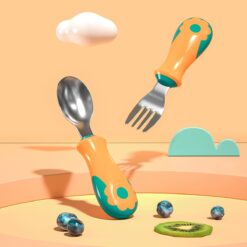 StarAndDaisy Stanless Steel SUS 316 Baby Feeding Training Spoon and Fork Set with Anti-Bacterial PP Storage Box - Green Orange