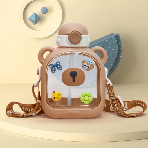 StarAndDaisy Kids Sipper Watter Bottle for Baby & Toddler with Animated Stickers & Lock Cover and Adjustable Straps - Brown, 700 ML