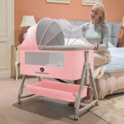 StarAndDaisy Pluto 3-in1 Baby Crib Cradle with Mosquito Net – Baby Bed Side Bassinet with Adjustable Height – Pink