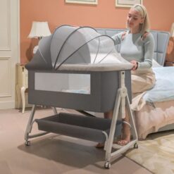 StarAndDaisy Pluto Luxury Baby Cradle with Nursing Changing Tray, Height Adjustment, Soft Foam Mattress, Storage Basket and Mosquito Net - Grey