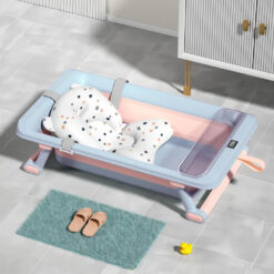 StarAndDaisy Foldable Baby Bath Tub With Cushion - Anti-slip Infants Bathtub with Temperature Meter - Blue & Pink