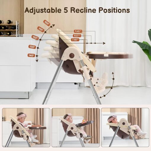 Adjustable Baby High Chair with 5 Recline Positions-Brown