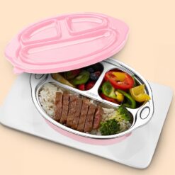 StarAndDaisy Stainless Steel Baby Self-Feeding Plates with Three Compartments, Spill-proof & Mess-Free Feeding for Babies - Pink