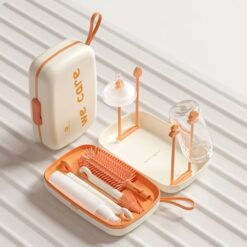 StarAndDaisy Baby Bottle Cleaner Brush Set with Removable Draining Tray - Baby Bottles Drying Rack with Storage Box - Orange