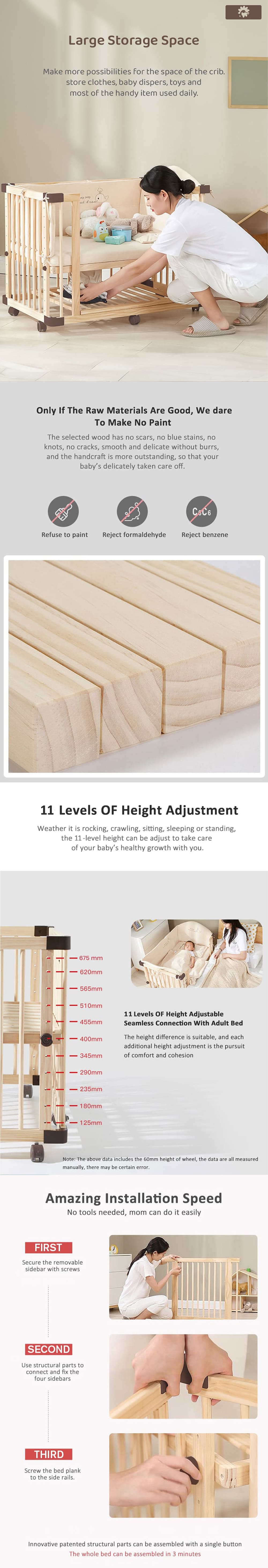 Baby Wooden Cot with 11 Level of Height Adjustment