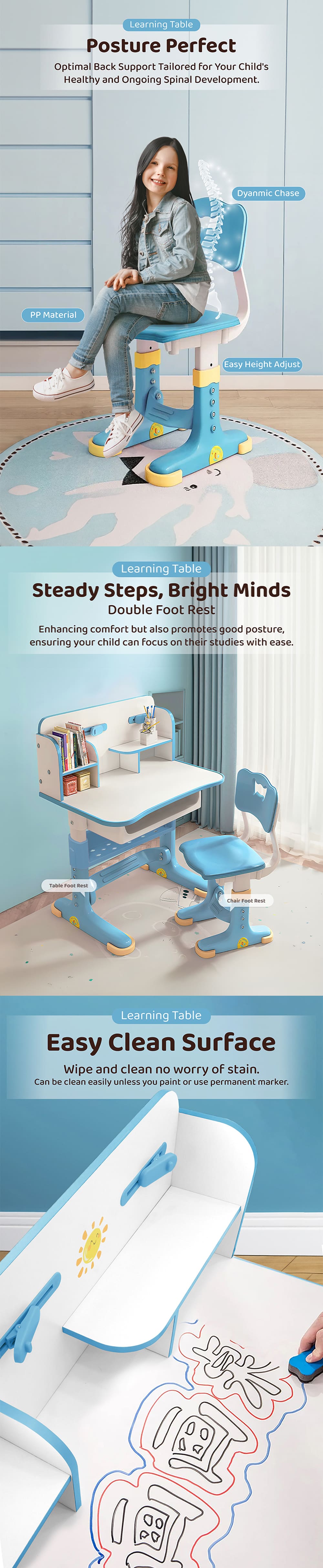 kids Study Table with Stoarge Cabinet and Supportive Back Rest