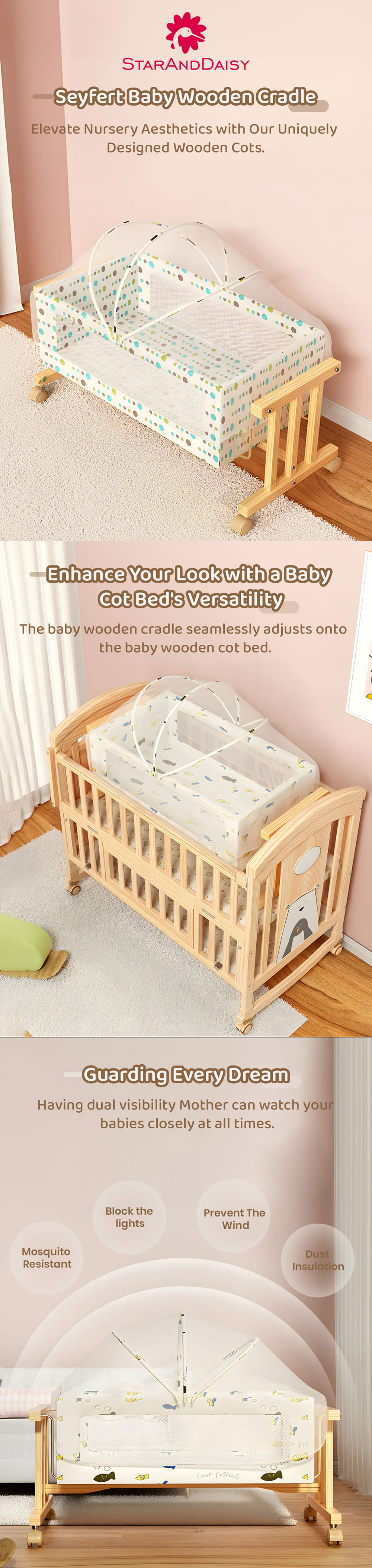 Sayfert Baby Wooden Cradle