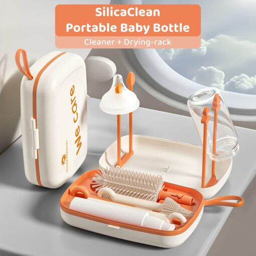 StarAndDaisy Baby Bottle Cleaner Brush Set with Removable Draining Tray - Baby Bottles Drying Rack with Storage Box - Orange