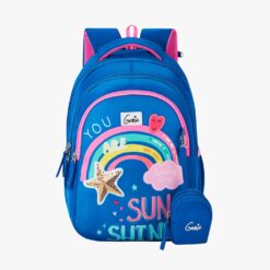 Genie Rainbow School Bag & Backpack with 3 Compartments Water Resistant Stylish and Trendy Bags for Girls - Blue