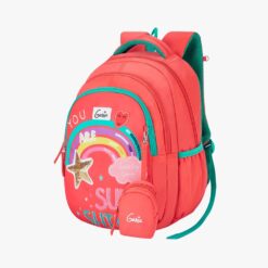 Genie Rainbow Children School Bags, with Front Zippered Pocket, Adjustable Padded Shoulder Straps - Coral