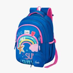 Genie Rainbow School Bag & Backpack with 3 Compartments Water Resistant Stylish and Trendy Bags for Girls - Blue
