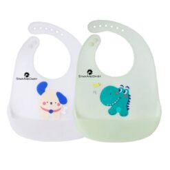 StarAndDaisy Silicone Baby Bib for Feeding & Weaning, Waterproof, Non-Messy Easy Cleaning - Pack of 2-Printed White & Green