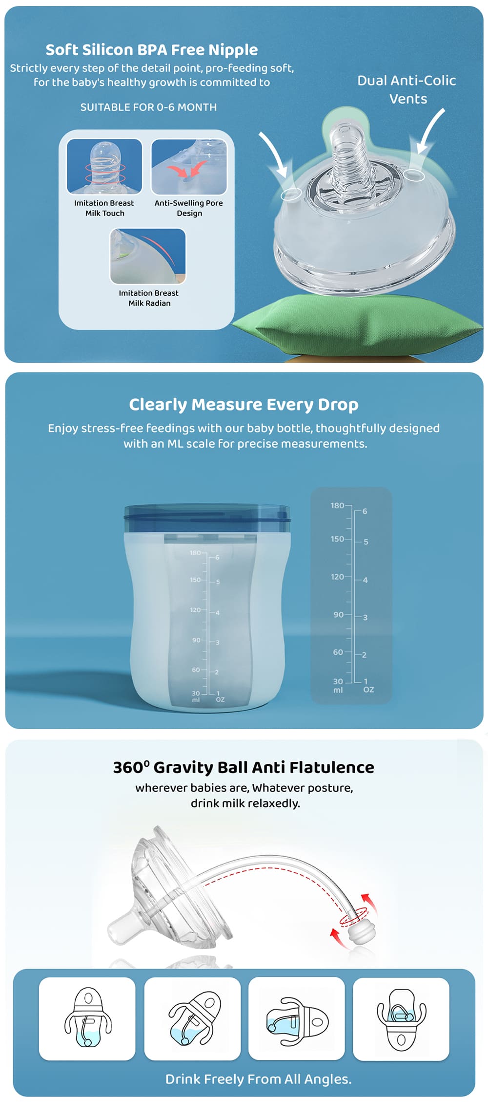 Silicone Feeding Bottle with 360° Gravity Ball
