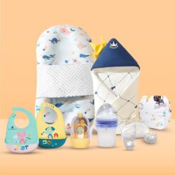 StarAndDaisy Newborn Baby Daily Essential Gift Item, Combo Set of Hooded Wrapper, Sleeping Bag, Feeding Essentials - Pack of 7