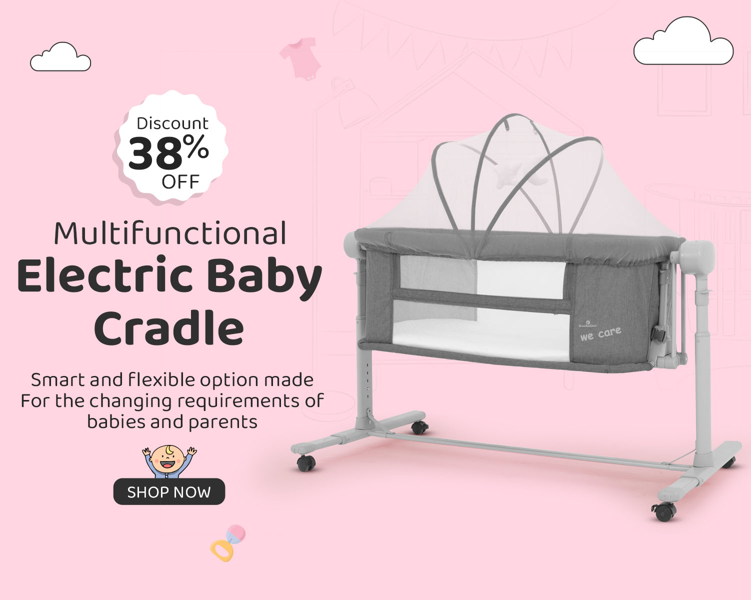 Portable Baby Crib Cradle, Baby Bedside Bassinet with Height Adjustments, Detachable and Mosquito Net