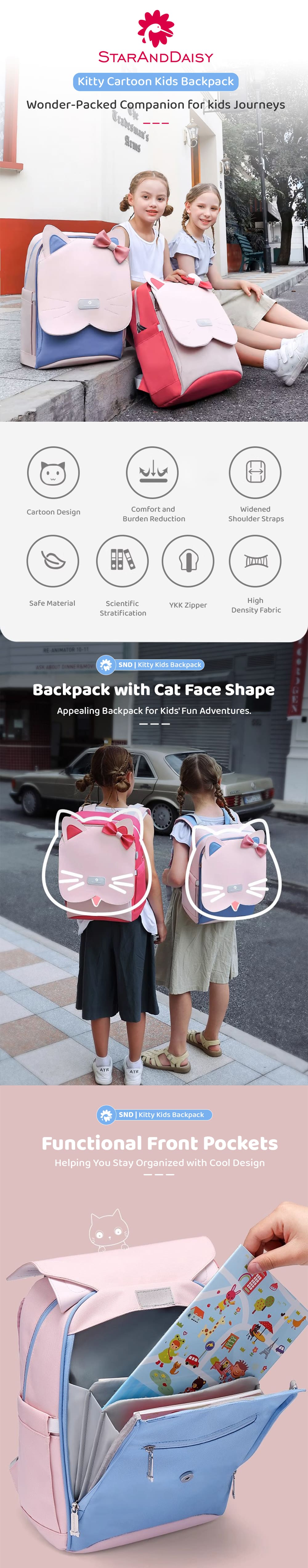 kitty School Backpack with Cat Face Shapes