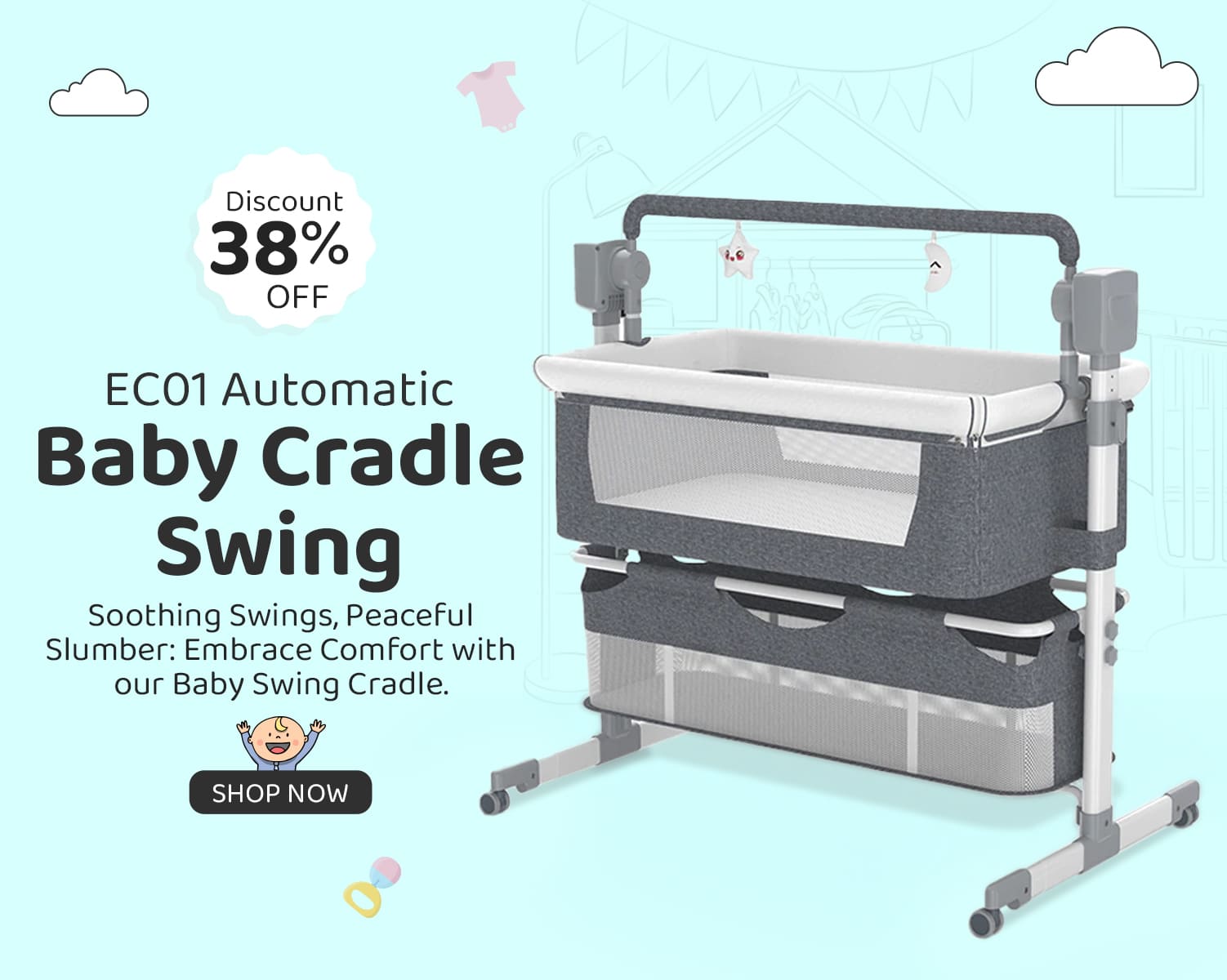 ECO1 baby Crib cradle swing with Mosquito Net, Wooden Legs, and 3 Gear Adjustable Swing with Smart Remote Control