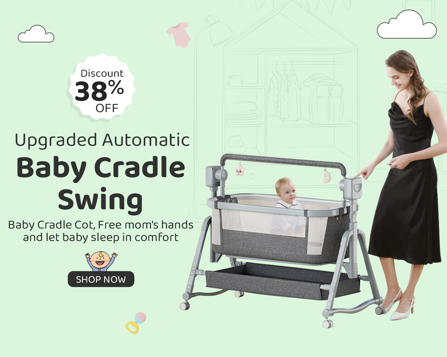 Upgraded Baby Cradle Swing with Mosquito Net, Wooden Legs, and 3 Gear Adjustable Swing with Smart Remote Control