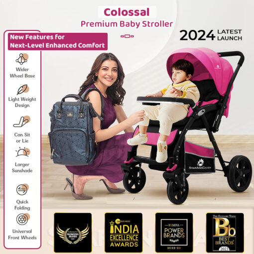 StarAndDaisy Colossal Premium Baby Stroller with Reversible Handle, Lightweight Pram with 5-Point Safety Belt & Detachable Food Tray - Pink