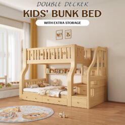 StarAndDaisy Premium Wooden Bunk Bed for Kids with Ladder Cabinets, Double Decker Children's Bed with Bed Guardrail & Bookshelf (A1)