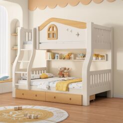 StarAndDaisy Premium White Bunk Bed for Kids without Ladder Cabinets