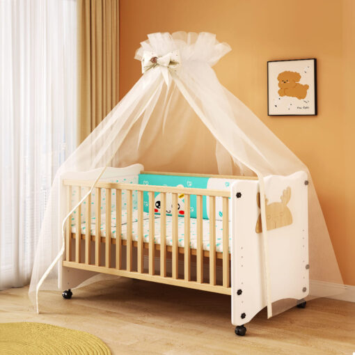 StarAndDaisy Portable Baby Wooden Crib Cot without Mattress & Mosquito Net Stand, Height Adjustable & Locking Wheels - (Beechwood-B26)