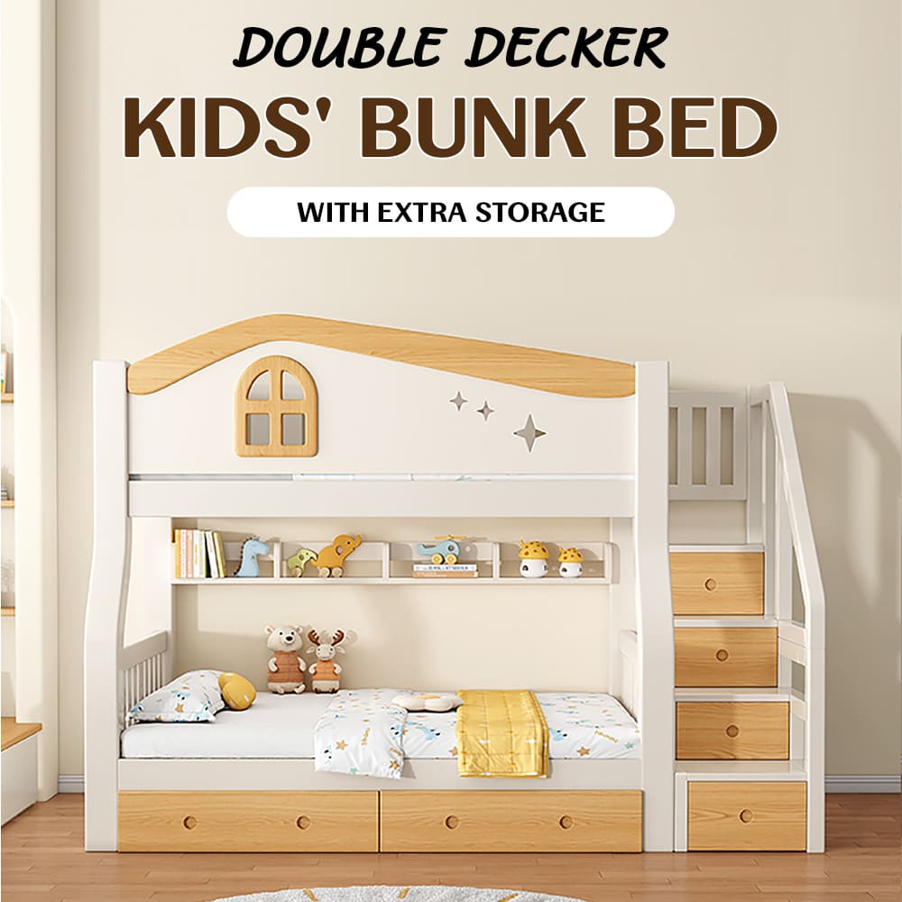 Premium White Bunk Bed With Ladder Cabinets for Kids